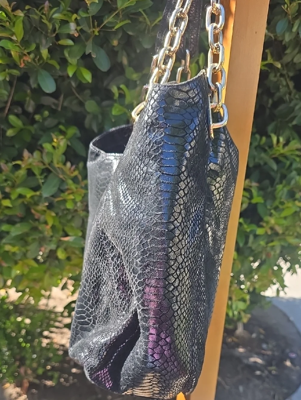 Black Multicolor Snake-Effect Chain Tote Bag